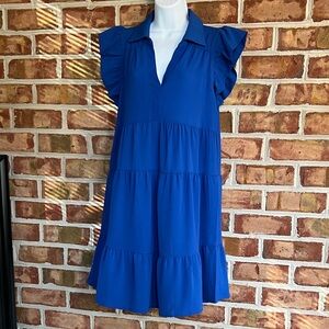 Umgee Royal Blue Tiered Mini Dress with ruffle sleeves. Small